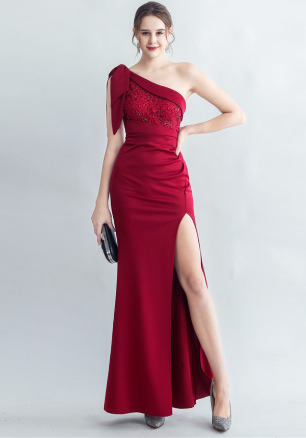Lace Beaded Slash Shoulder Formal Party Side Slit Evening Gown