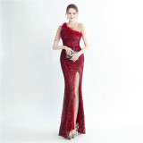 Feather beaded Slash Shoulder formal Party evening dress
