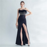 Feather Beaded straps Side Slit formal party Evening Dress