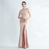 Feather Beaded straps Side Slit formal party Evening Dress