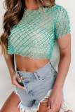 Women Summer Sexy Mesh Beaded Short Sleeve Top