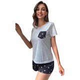 Women Summer Short Sleeve Heart Print Casual Loungewear Two-Piece Set