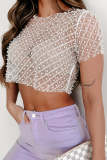 Women Summer Sexy Mesh Beaded Short Sleeve Top