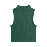 Women Ribbed Turtleneck Athletic Quick Dry Yoga Suit Tank Top