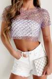 Women Summer Sexy Mesh Beaded Short Sleeve Top