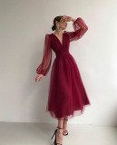 Women Fall V-Neck Mesh A-line Party Dress