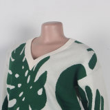 Sexy Leaf V-Neck Pullover Long-Sleeved Sweater Two-Piece Set