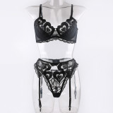 Summer Pink Big Heart Print Underwired Bra Thong Sexy Lingerie Three-Piece