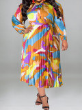 Plus Size Fall Women's Pleated Long Sleeve Dress