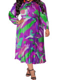 Plus Size Fall Women's Pleated Long Sleeve Dress