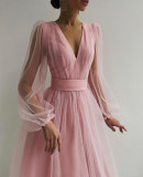 Women Fall V-Neck Mesh A-line Party Dress