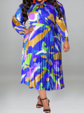 Plus Size Fall Women's Pleated Long Sleeve Dress