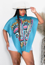 Women's Fashion Pressed Pleated Blouse Printed Turtleneck Loose Top