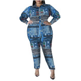 Plus Size Women's Fall Print Long Sleeve Jumpsuit