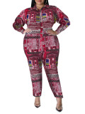 Plus Size Women's Fall Print Long Sleeve Jumpsuit
