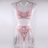 Summer Pink Big Heart Print Underwired Bra Thong Sexy Lingerie Three-Piece