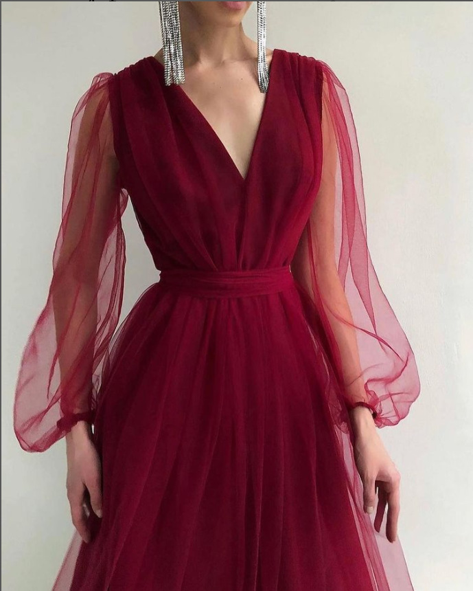 Women Fall V-Neck Mesh A-line Party Dress