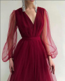 Women Fall V-Neck Mesh A-line Party Dress