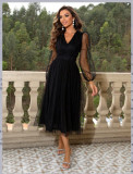 Women Fall V-Neck Mesh A-line Party Dress
