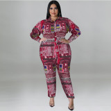 Plus Size Women's Fall Print Long Sleeve Jumpsuit