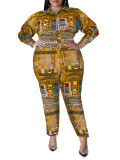 Plus Size Women's Fall Print Long Sleeve Jumpsuit