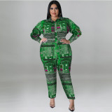 Plus Size Women's Fall Print Long Sleeve Jumpsuit