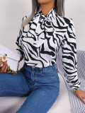 Autumn And Winter Chic Color Contrast Striped Tie Lantern Sleeve Chiffon Shirt Women's Clothing