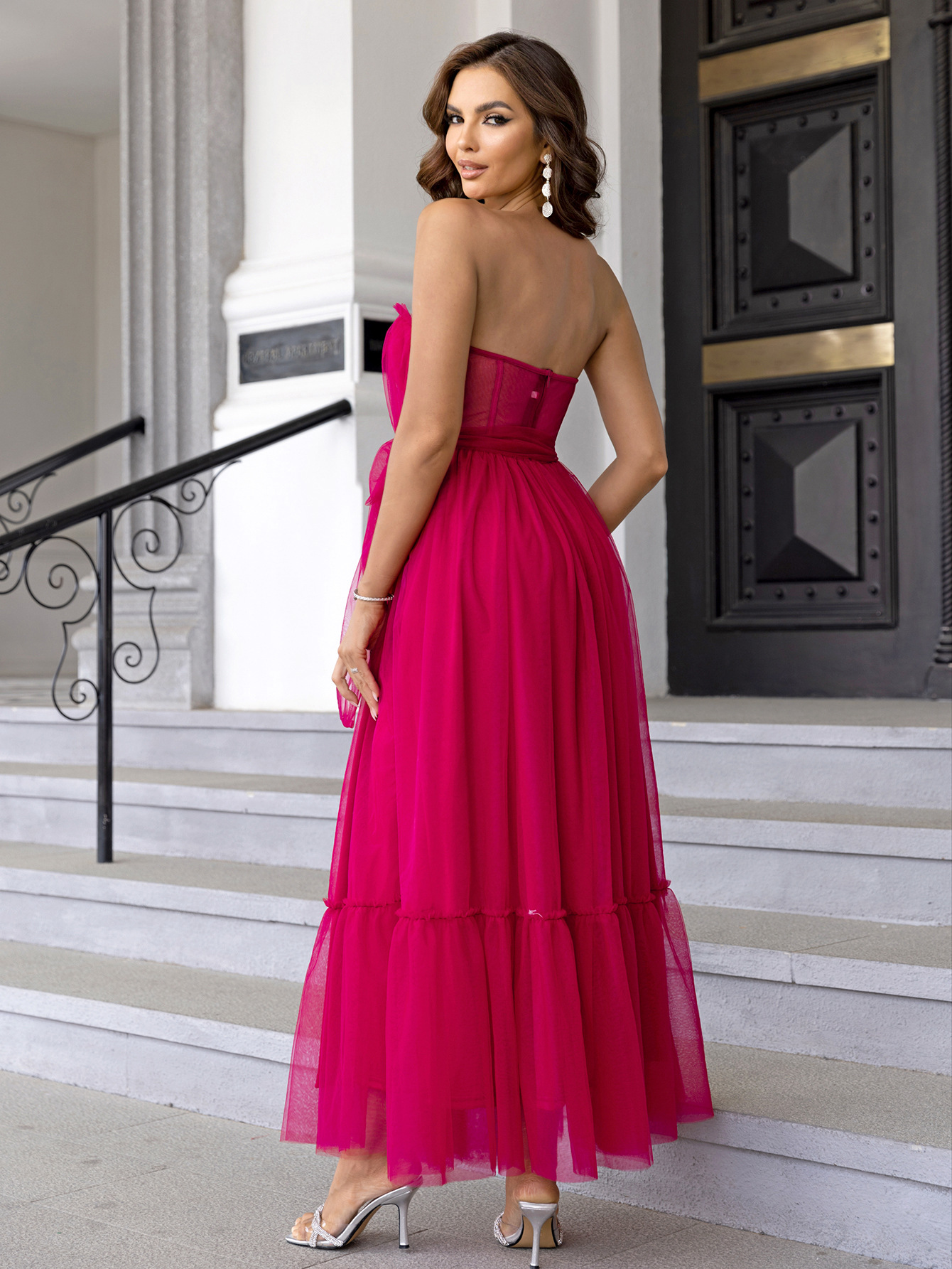 Summer Sexy Strapless Mesh Ruffled Formal Party Dress