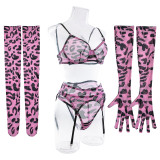 Sexy Leopard Print Sexy Bra Lingerie Gloves Leg Socks Set Female