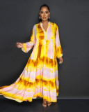 Fashion Painted And Printed V-Neck Long-Sleeved Long Swing Dress Maxi Dress