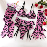 Sexy Leopard Print Sexy Bra Lingerie Gloves Leg Socks Set Female