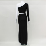 Women's Strapless One Shoulder Long Sleeve Hollow High Waist Slit Solid Color Sexy Bodycon Dress