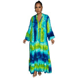 Fashion Painted And Printed V-Neck Long-Sleeved Long Swing Dress Maxi Dress