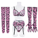 Sexy Leopard Print Sexy Bra Lingerie Gloves Leg Socks Set Female