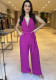 Women's Spring Solid Color V-Neck Sleeveless Belt High Waist Loose Wide Leg Women's Jumpsuit