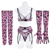 Sexy Leopard Print Sexy Bra Lingerie Gloves Leg Socks Set Female