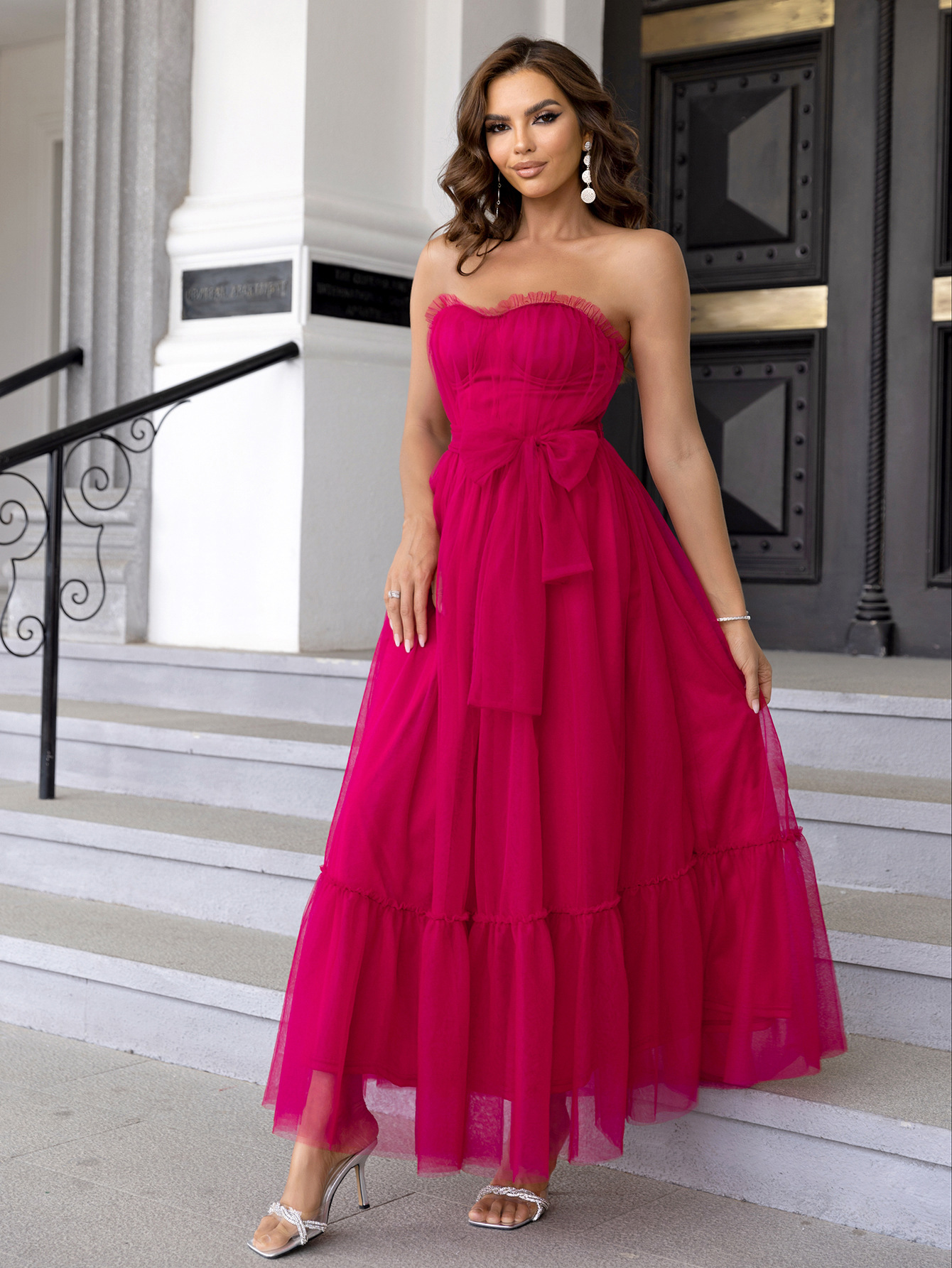 Summer Sexy Strapless Mesh Ruffled Formal Party Dress