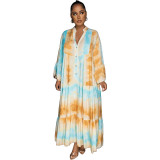 Fashion Painted And Printed V-Neck Long-Sleeved Long Swing Dress Maxi Dress