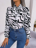Autumn And Winter Chic Color Contrast Striped Tie Lantern Sleeve Chiffon Shirt Women's Clothing