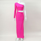 Women's Strapless One Shoulder Long Sleeve Hollow High Waist Slit Solid Color Sexy Bodycon Dress