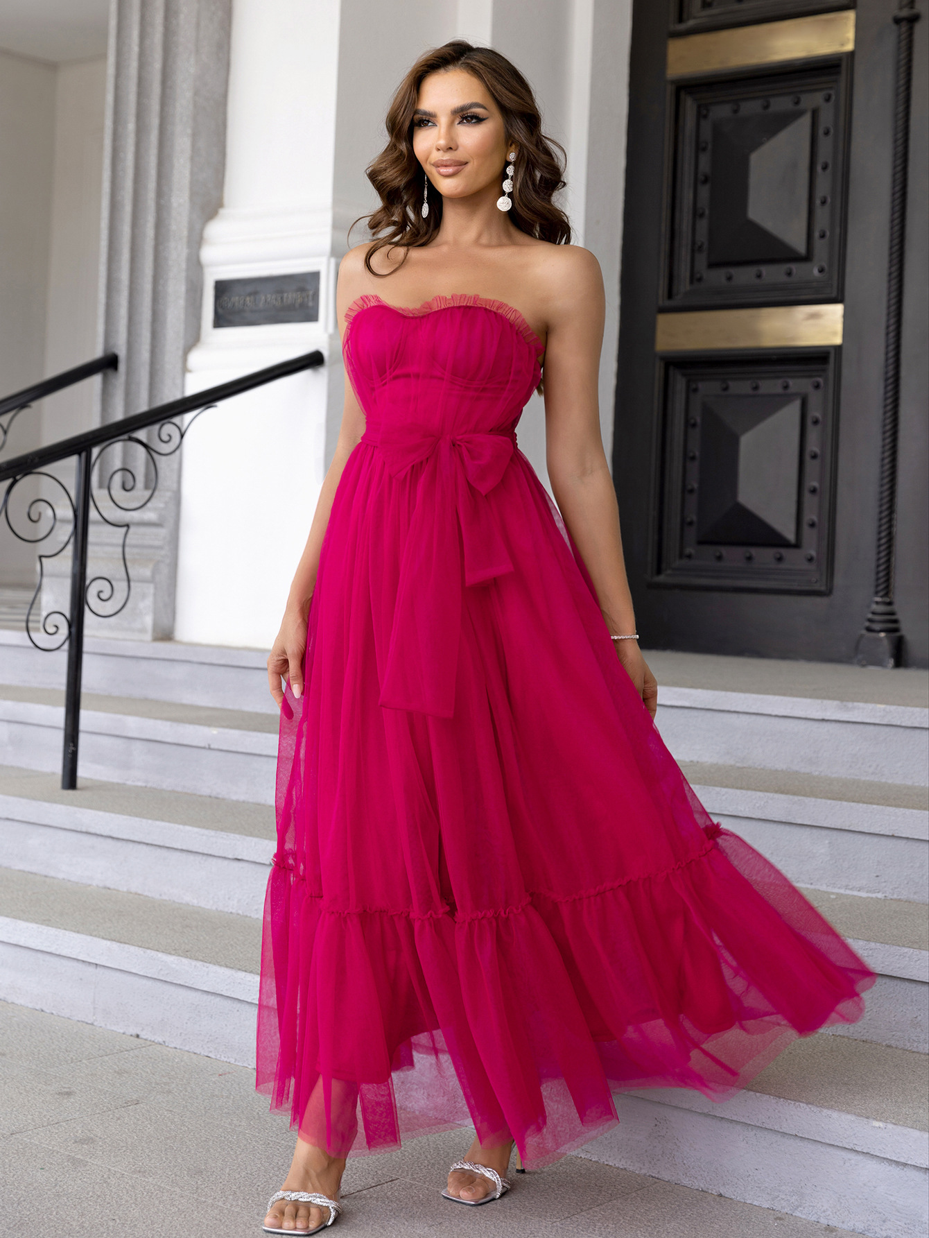Summer Sexy Strapless Mesh Ruffled Formal Party Dress