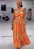 Women strapless striped print fashion Top and long skirt two-piece set
