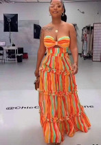 Women strapless striped print fashion Top and long skirt two-piece set