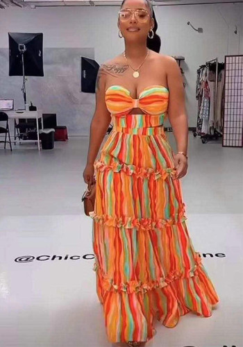 Women strapless striped print fashion Top and long skirt two-piece set