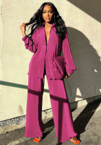 Women Clothing Autumn/Winter Solid Pleated Long Sleeve Top and Pant Two-Piece Set