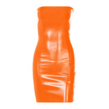 Women Sexy Strapless PU-Leather Bodycon Dress