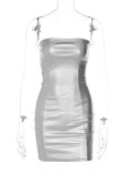 Women Sexy Strapless PU-Leather Bodycon Dress