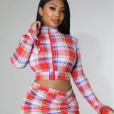 Women Drawstring Printed Plaid Bikini Skirt Sexy Three-Piece
