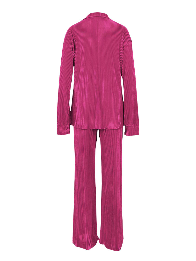 Women Clothing Autumn/Winter Solid Pleated Long Sleeve Top and Pant Two-Piece Set