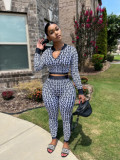 Autumn And Winter Women's Elastic Print Long-Sleeved Two-Piece Pants Set